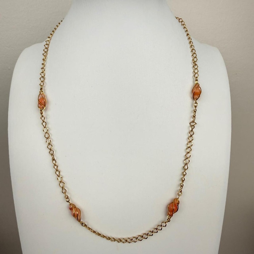 Avon Gold Tone Necklace Peach Bead Cage Wrap Vintage Chain - Picture 1 of 5